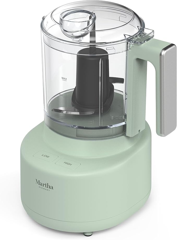 Martha Stewart 3 Cup Electric Vegetable Chopper & Mini Food Processor, Sage | 24oz BPA-Free Bowl, Stainless Steel Blades, Pour Spout, Dice, Puree, Mince, Chop Vegetables & Herbs, Dishwasher-Safe Parts