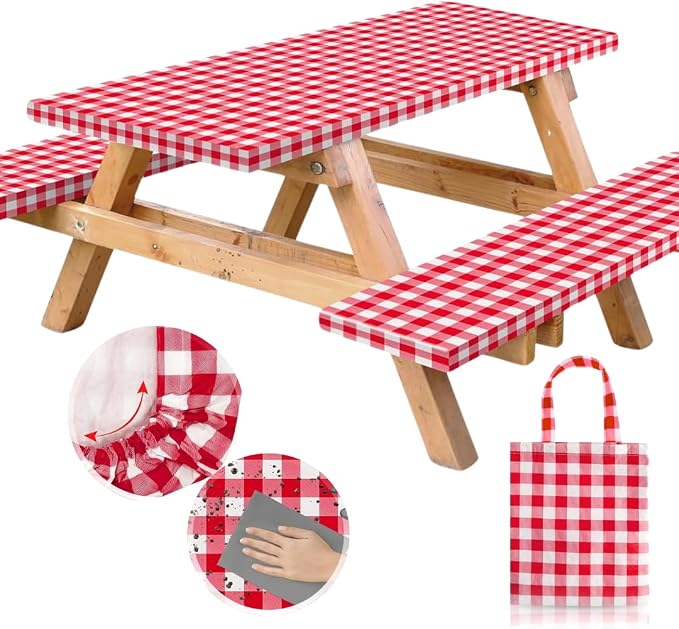 Vinyl Fitted Picnic Table Cover with Bench Covers & Bag 6ft Red Checkered | Vinyl Fitted Picnic Table Cover with Bench Covers and Bag, Outdoor Waterproof Windproof Picnic Tablecloth with Elastic Edges.