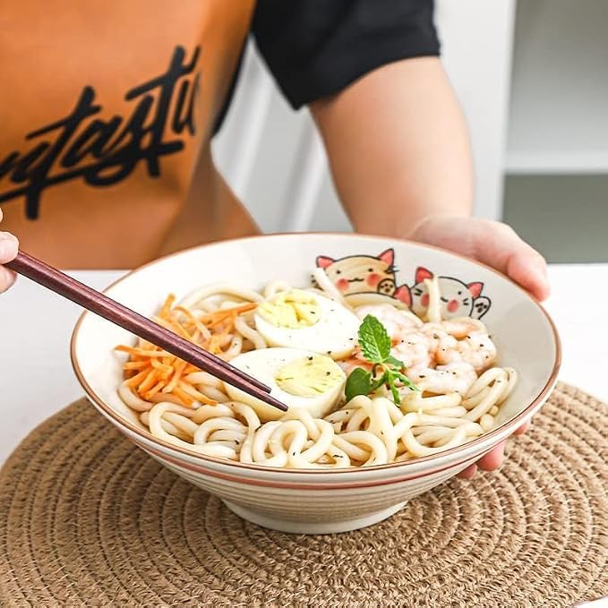 NJCHARMS Ceramic Ramen Bowl Set of 2, 42 oz Japanese Noodle Soup Bowls with Spoons and Chopsticks for Ramen Soup Pho Udon Asian Noodles, Large Noodle Bowls(Beige)