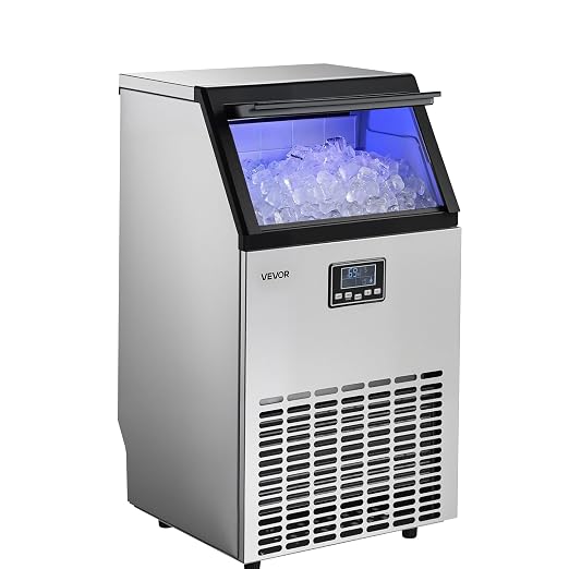 VEVOR Commercial Ice Maker Machine, 100 lbs/24h with 26 lbs Storage Capacity, Crescent Ice,Built-in/Freestanding/Under Counter, Stainless Steel Ice Maker with LED Display for Home Bar Restaurant