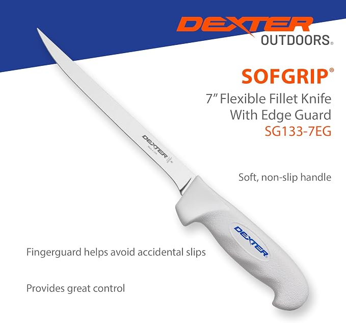 Dexter Outdoors SOFGRIP 7" Flexible Fillet Knife with Edge Guard | Corrosion-resistant high-carbon American stainless blade with soft slip-resistant grip. Edge guard included, made in USA.
