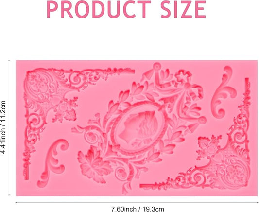 Vintage Baroque Frame Silicone Mold, Victorian Ornate Corner Decorative Mold for Cake Decorating, Pink