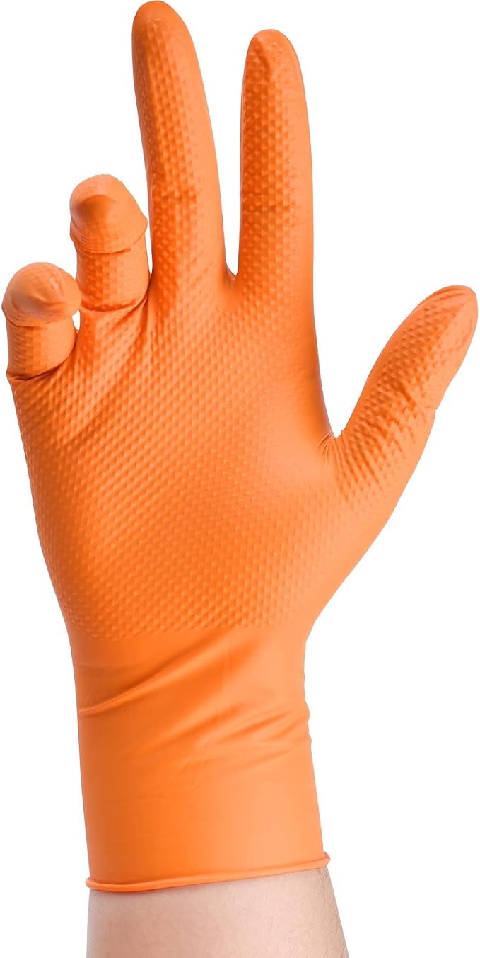 TitanFlex Heavy Duty Industrial Orange Nitrile Gloves, 8-mil, Gloves Disposable Latex Free with Raised Diamond Texture Grip, Powder Free, Rubber Glove, Mechanic Gloves,50-ct Box (Small)
