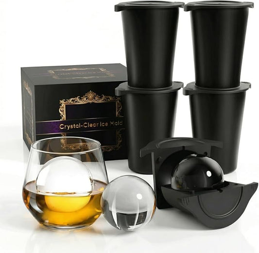 2.5" Clear Ice Ball Maker - Stainless Steel Sphere Ice Mold for Whiskey & Cocktails, Crystal Clear Round Ice Cube Tray with Easy-Release Silicone, Bourbon Gifts for Men, 4 Pack (Black)