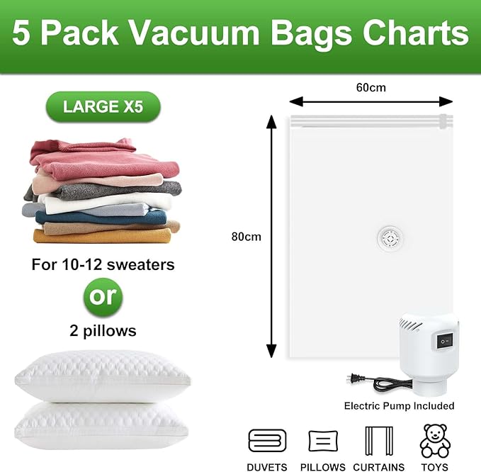 ZXA Vacuum Storage Bags with Electric Air Pump, 5 Pack Large 32''x 24'' Vacuum Seal Bags for Clothing, Space Saver Vacuum Storage Bags for Blanket, Duvets, Pillows, Comforters - White