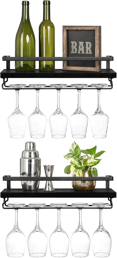 Mkono Wall Mounted Wine Rack Set of 2 Wood Shelf Rustic Wine Bottle Glass Floating Shelves with Stemware Hanger Modern Plants Photos Wine Display Storage Holder for Kitchen Dining Room Bar, Black | Space Saving, Stem Hanger, Floating Design, Store Wine...