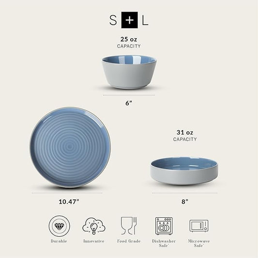 Stone Lain Elica 12-Piece Modern Dinnerware Set Stoneware, Plates and Bowl Sets for 4, Blue and Grey