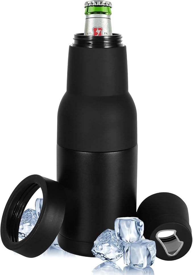 12oz Universal Beer Bottle Cooler Double Walled SS Beer Can Holder | 3 in 1 Can Koozie with Beer Opener Vacuum Insulated - fit Fishing, Camping Outdoor Activities and Nice Gift for Men (Black)