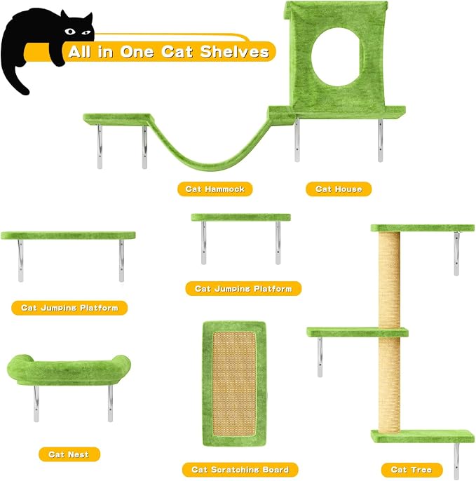 NUNU LAB Wall Mounted Cat Climber Set, 6 Pcs Cat Furniture Set with House, Bridge, Steps, Scratcher Board and Hammock, Shelves for Indoor, Luxury Walls Furniture, Light Green