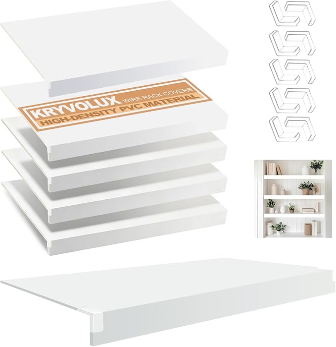 5 Pcs Wire Rack Covers 32x16x3 inch PVC Pantry Shelf Cover 0.31 inch Thick Removable Closet Wire Rack Shelf Covers,Decoration Kitchen Bathroom Office Shelving (Light Luxury White,32x16x3 inch)