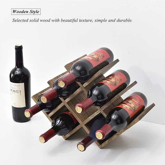 KIRIGEN Wooden Wine Rack, 8-Bottle 3-Tier Countertop Wine Holder, Brown | 16.73 x 5.91 x 11.14 In, Holds 8 Standard Wine Bottles for Cabinets, Pantry Shelves, and Kitchen Counter, Assembly Required