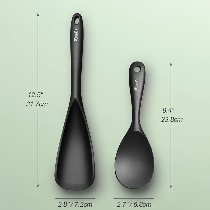 Cooking Spoon and Rice Scooper Set for Nonstick Cookwares, Heat Resistant- Seamless Design, Great for Cooking, Serving, Mixing, Scoop, and Scrape,2 Pack, Black