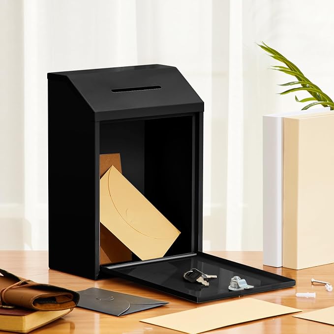 Yaocom Metal Money Box,Black,11.81 x 8.58 x 4.72 Inch,No Lid | Wall Mounted Drop Donation Cash Box for Farm Stand Collection Safe Suggestion Box with Lock Container for Home Office Outdoor
