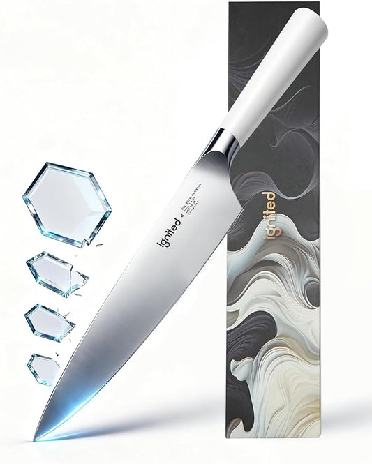 Chef Knife 8 Inch, German High Carbon Stainless Steel Kitchen Knife with Ergonomic White Handle, Ultra Sharp Professional Cooking Knife in Gift Box for Home & Restaurant