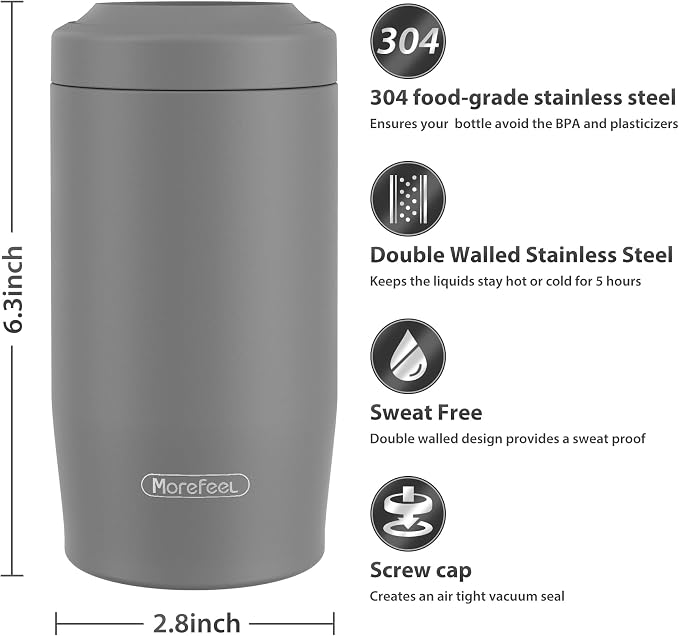 Morefeel 4-in-1 Insulated Can Cooler for 12 oz Cans & Bottles | 304 Stainless Steel Can Holder Fits 12 Oz Slim Cans, Standard Cans, Beer Bottles & Works as A Open Cup; Dishwasher Safe