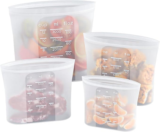 Bangp Premium Silicone Reusable Food Storage Bags,4 Pack | Stand-Up Bottom,Reclosable Freezer Bags for Soup,Sandwich,Salad Fruit,Snack,Leak-free,Food-safe Silicone,Oven,Dishwasher Safe
