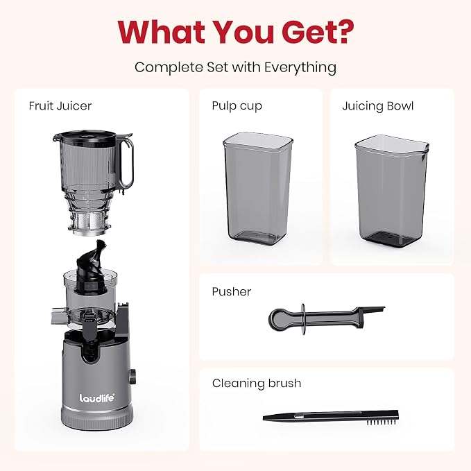 Laudlife Cold Press Juicer with 5.9" Wide Feed Chute, Integrated 100oz Capacity Hopper & Strainer Design, Easy Clean & BPA Free, Slow Masticating Juicer Machines for Whole Fruits Vegetables