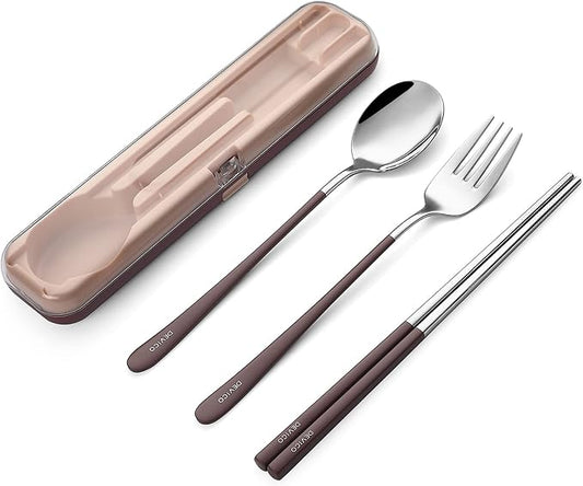 DEVICO Travel Utensils with Case, 18/8 Stainless Steel Silverware for Lunch | 4Pcs Portable Reusable Travel Cutlery Set, Korean Chopsticks Fork and Spoon Set for Camping/Picnic/Work/Gadgets/School, Brown