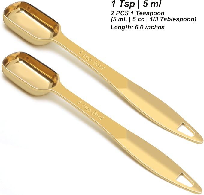 2 Pcs 1 Teaspoon(5 mL | 1 Tsp | 1/3 Tbsp | 5 cc | 1/6 oz) Stainless Steel Single Measuring Spoon, Long Handle Metal Measuring Spoon, Kitchen Gadgets for Cooking & Baking(Gold)