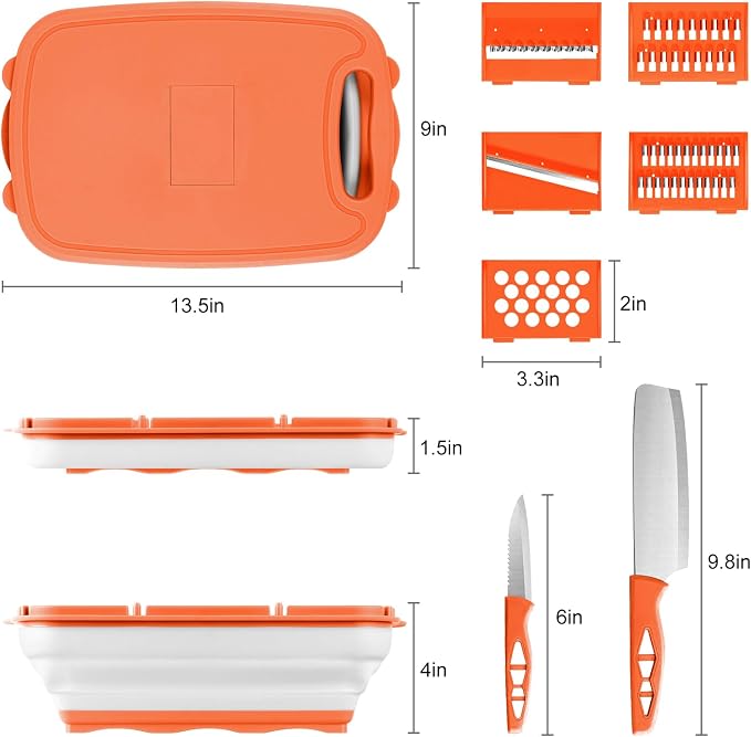 Gintan Camping Cutting Board, 9-in-1 Collapsible Chopping Board with Colander, Kitchen Vegetable Washing Basket for Camping, Camping Gifts Camping Accessories for RV Campers (orange)