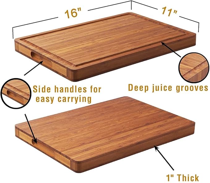 Allsum Extra Thick Wood Cutting Board for Kitchen, Reversible and Durable | 1” thick carbonized bamboo butcher block - resists warping - with handles, juice groove - charcuterie board for party