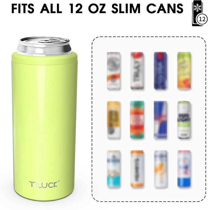 TILUCK Skinny Can Cooler, Stainless Steel Insulated Slim Cans, 12 oz | Beer & Hard Seltzer, Doucle-Walled Stainless Steel Insulated Slim Cans, Slim 12 oz(Lime)