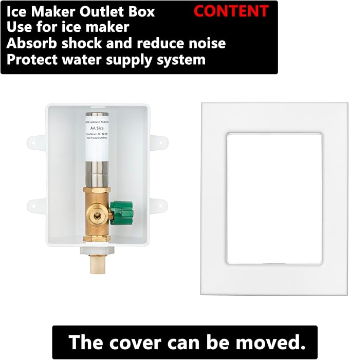 (1 Pack) Lidertik 1/2 inch CPVC Connect Pre-Assembled Ice Maker Outlet Box Valve 1/4 inch Recessed Refrigerator Water Line Wall Box with Shut Off Valve and Stainless Steel Water Hammer Arrestor 641