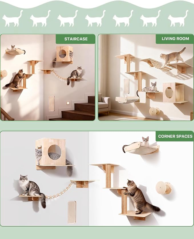 6 in 1 Solid Wood Cat Wall Shelves for Play & Rest, up to 33 lbs | Space-Saving, Cat Wall Furniture Set with Cat Bridge, Wall Condo, Hammock, Steps, Climbing Post & Scratching Pad