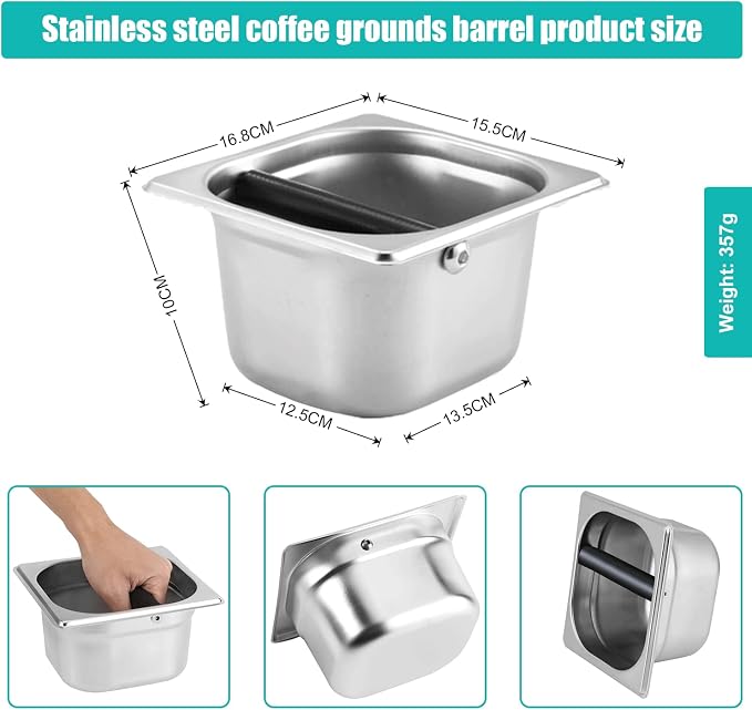 Stainless Steel Espresso Knock Box with Rubber Bar for Storing Underneath Most Espresso Machines