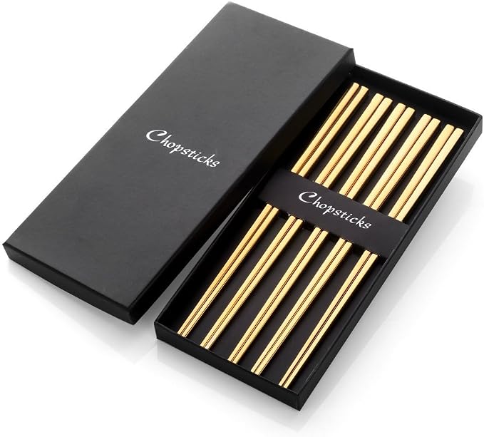 Buyer Star 5-Pair Gold Stainless Steel Chopsticks - Reusable Chinese Square Chopsticks