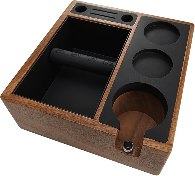 Walnut Espresso Knock Box and Tamping Station, Coffee Organizer Box Fit for 58mm Espresso Tamper Distributor Portafilter Holder & Puck Screen Multi Accessory Storage