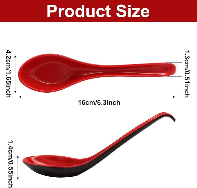 2 Pcs Soup Spoons Long Handle with Hook | Asian Soup Spoons, For Chinese Japanese Dishes, Miso Ramen Dumpling Pho Rice Noodle & Soba Soup, Black and Red