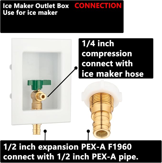 (1 Pack) Lidertik 1/2 inch Expansion PEX-A Pre-Assembled Ice Maker Outlet Box Valve 1/4 inch Recessed Refrigerator Water Line Wall Box with Shut Off Valve LI-ZBQH-530