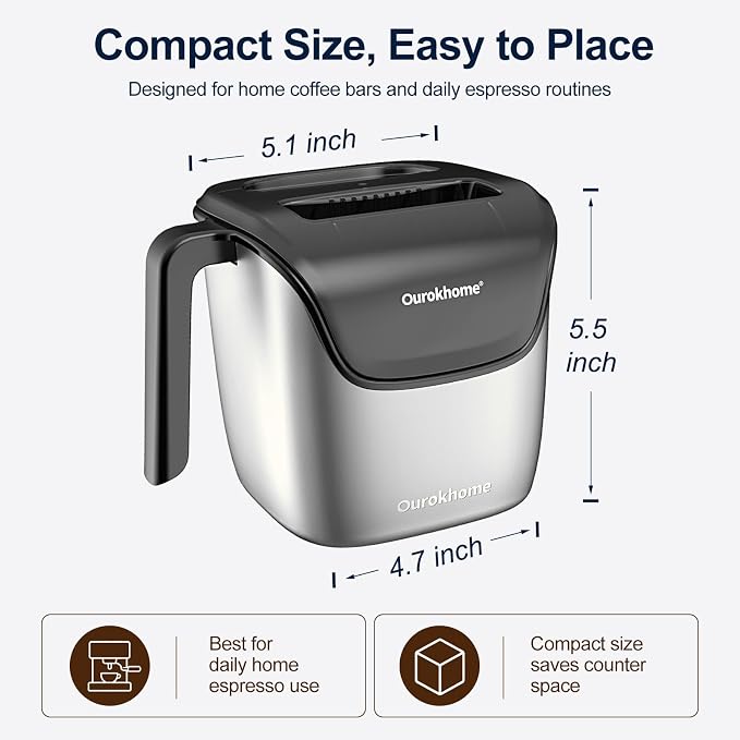 Ourokhome Espresso Knock Box with Lid, Compact Coffee Grounds Container for Home Coffee Bar, Removable Knock Bar, 304 Stainless Steel Exterior, Non-Slip Base & Handle, Easy Clean