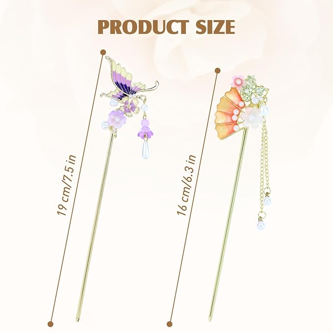 inSowni 8 Pieces Retro Asian Chinese Traditional Hanfu Gold Metal Fan Lotus Flower Butterfly Hair Pins with Bead Pendants Long Hair Sticks Forks Bun Updo Holders Hairpins for Women Girls (8PCS S6)