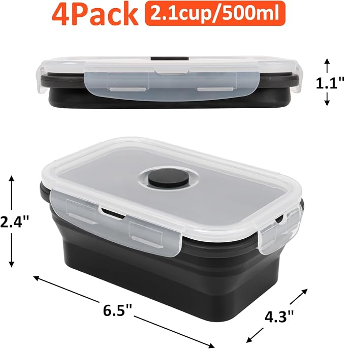 Collapsible Silicone Food Storage Containers Set with Lid & Air Vent,Foldable Lunch Containers(4PCS,Black,17oz)