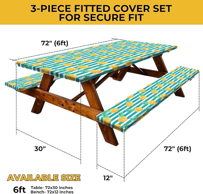 6ft Polyester Picnic Table Cover with Bench Covers Tablecloth Pineapple | Polyester Picnic Table Cover Windproof & Waterproof, Perfect for Camping Gifts & RV Essentials, Cool Camping Gadgets with bag
