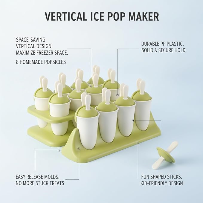 Easy-Use Vertical Popsicle Mold, 8-Cavity Ice Pop Maker for Compact Freezers, Durable PP Plastic Tray