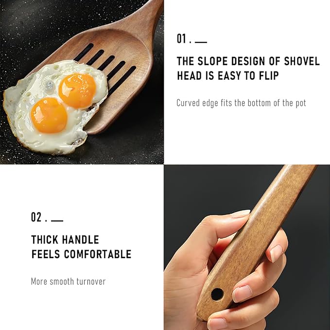 Wooden Spatulas Set of 2, Acacia Wood Rice Paddle with Slotted Design for Nonstick Cookware
