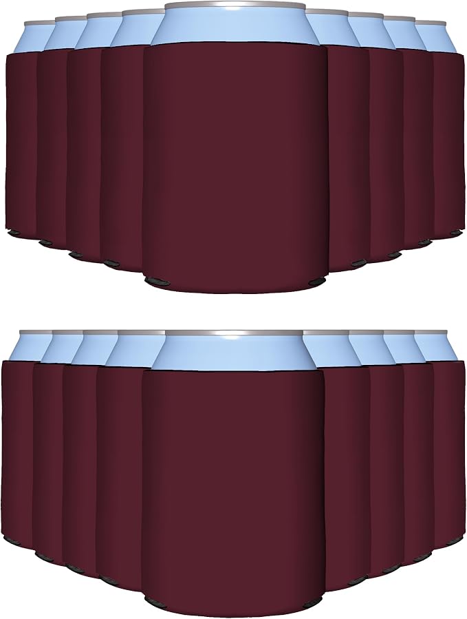 PartyPrints 100 Pack Burgundy Blank Can Cooler Sleeves, Customizable Bulk Insulated Foam for Beer, Collapsible Plain Drink Holder, Cold Soda Insulator, 12oz Regular, 16oz Tall Cans