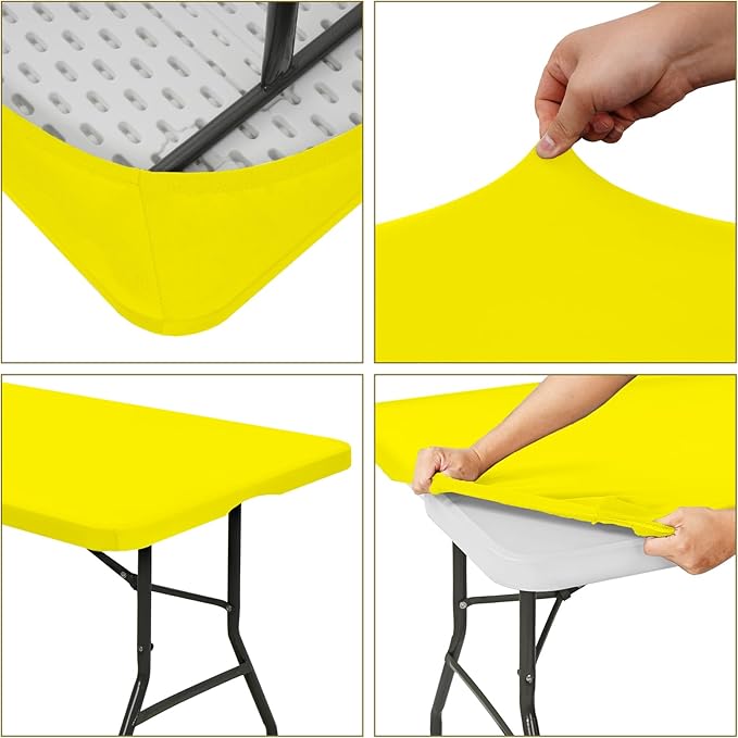 10 Pack Fitted Tablecloth for 6 Foot Rectangle Tables, Yellow Elastic Outdoor Picnic Table Cover, Washable Stretch Folding Table Cloths 6 ft for Camping Party Patio Kitchen Banquet, 30" W x 72" L