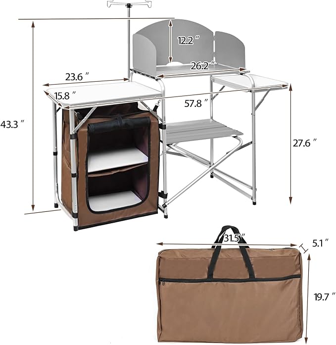 CampLand Folding Camping Kitchen Table with Windscreen,Portable Outdoor Cooking Station with Storage Cabinet & Side Tables Heavy Duty Camp Cook Station for Camping & BBQ（White）
