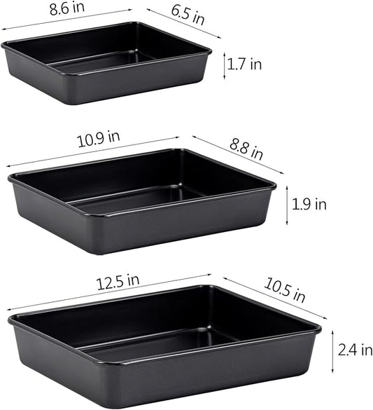 Nonstick Roasting Pan, Deep Baking Pan Set, Large Cake Pan Sets for Oven, 3-Piece Brownie Pan （Black）