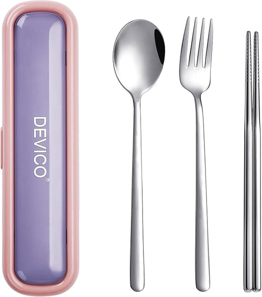 DEVICO Utensils for Lunch Box, Portabl Korean Chopsticks Fork and Spoon Set | 4Pcs 18/8 Stainless Steel Travel Silverware Set with Case, for Camping/School, for Kids/Adults, Dishwasher Safe, Pink-Purple
