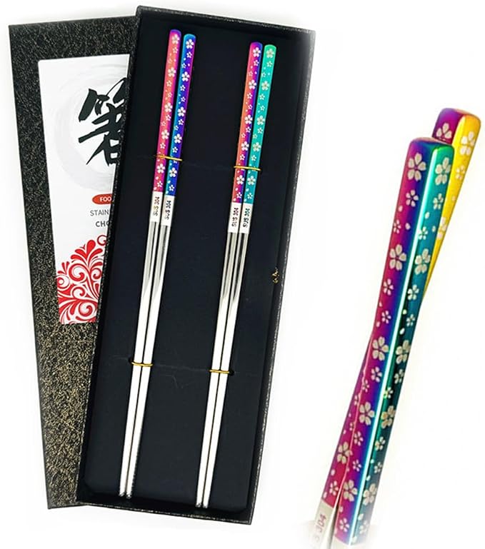 2Pairs Iridescent Stainless Steel Chopstick Reusable Dishwasher Safe Sakura | Anti-slip,Heat-resistant,Engraved Flower Pattern,Multicolor