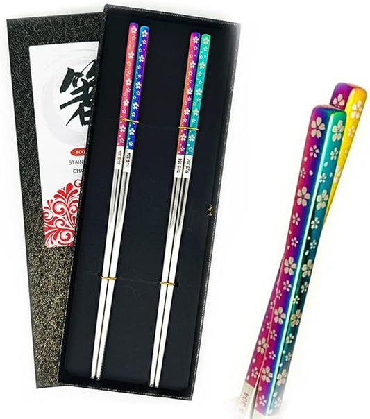 2Pairs Iridescent Stainless Steel Chopstick Reusable Dishwasher Safe Sakura | Anti-slip,Heat-resistant,Engraved Flower Pattern,Multicolor
