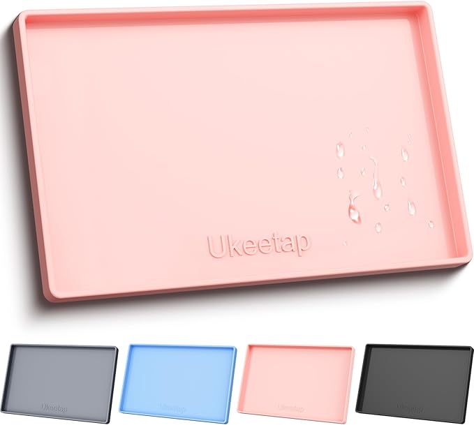 ukeetap 19" x 12" Extra Thick Silicone Mat Waterproof with Raised Edge, BPA Free Non-Slip Dog & Cat Food Mat, Feeding Mat for Food and Water Bowls, Spill Proof Mat to Protect Floors, Pink