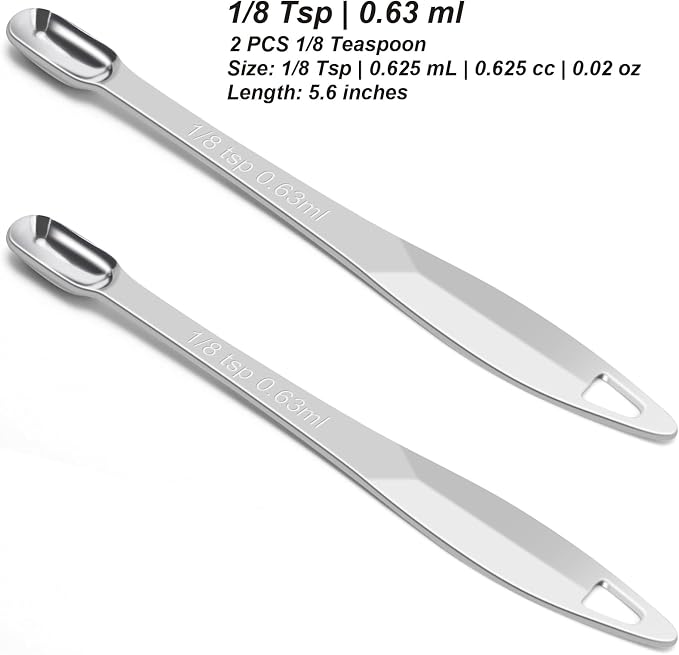 2 Pcs 1/8 Teaspoon (0.63 mL | 1/8 Tsp | 0.63 cc | 1/64 oz) Stainless Steel Single Measuring Spoon, Long Handle Metal Measuring Spoon, Kitchen Gadgets for Cooking & Baking