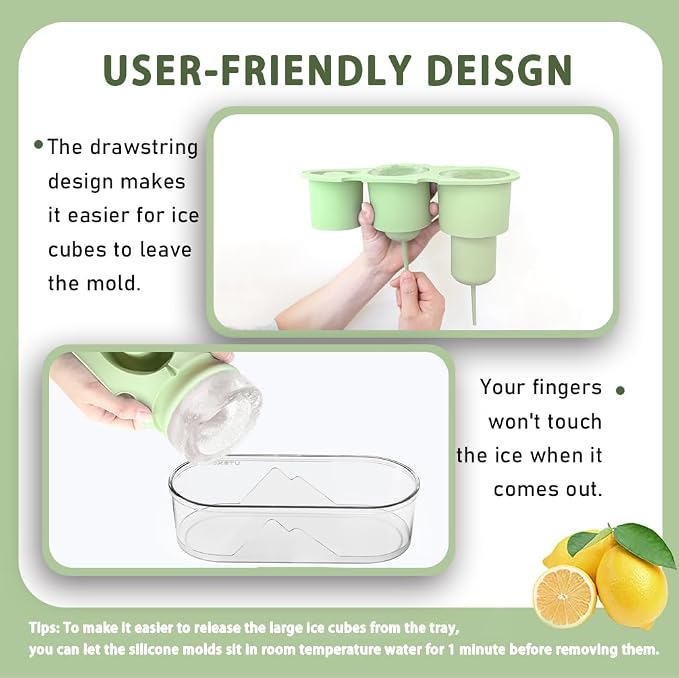 Silicone Ice Mold for Stanley Cup 30 40oz, Tumbler Ice Maker | Easy Fill and Release Without Touching Ice, Ice Cube Tray with Clear Lid and Bin for Freezer, Whiskey, Cocktail (Green)