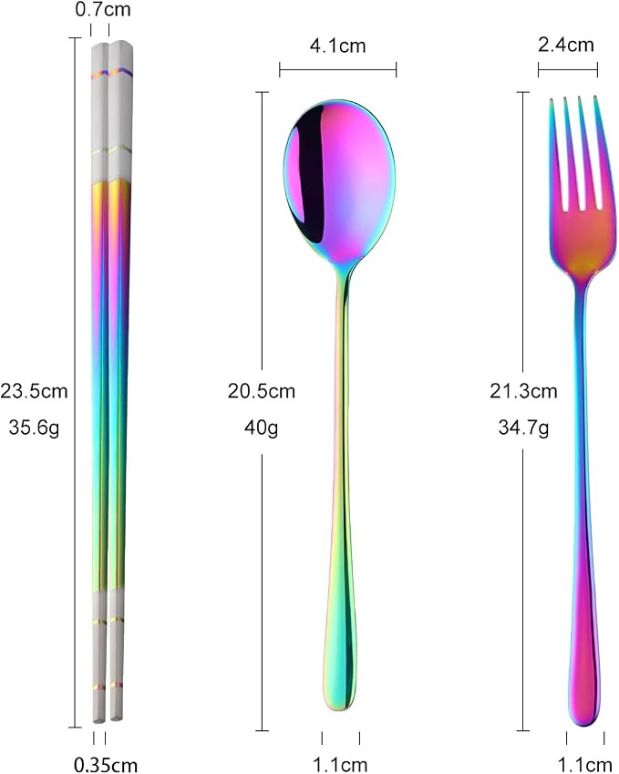 Buyer Star Stainless Steel Korean Chopsticks Spoons and Fork Set, 2 Pack Reusable Forks and Spoons Silverware Korean Utensil Set, Portable Utensils Dinnerware for Home (Rainbow)